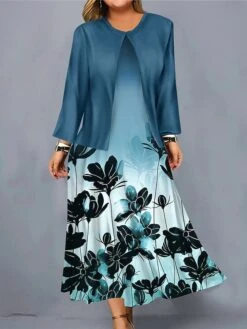 Women's Plus Size Curve Casual Dress Dress Set Two Piece Dress Floral Gradient Midi Dress Long Sleeve Print Crew Neck Fashion Outdoor Blue Purple Fall Winter L XL XXL 3XL 4XL