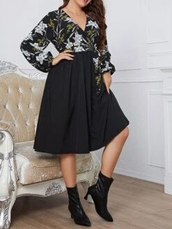 Women's Plus Size Party Dress Wedding Guest Dress Black Dress Midi Dress Black Long Sleeve Flower Lace Up Spring Fall Winter V Neck Fashion Winter Dress Evening Party Wedding Guest 2023 XL XXL 3XL 4XL -HAYz Clothing Shop xrzitj1693535285454