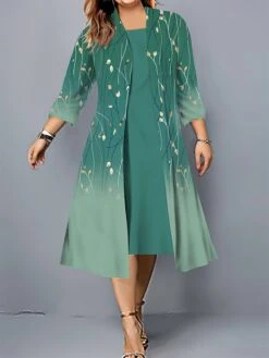 Women's Plus Size Curve Casual Dress Dress Set Two Piece Dress Floral Midi Dress 3/4 Length Sleeve Print Crew Neck Fashion Outdoor Navy Blue Fuchsia Fall Winter L XL XXL 3XL 4XL -HAYz Clothing Shop xsrpbp1695103064737