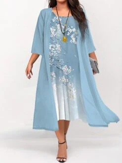 Women's Plus Size Curve Two Piece Dress Set Casual Dress Swing Dress Outdoor Daily Fashion Elegant Print Midi Dress Crew Neck 3/4 Length Sleeve Floral Ombre Pink Blue Sky Blue Fall Winter S M L -HAYz Clothing Shop xtjopu1692942735746