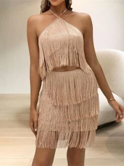 Women's Two Piece Dress Set Party Dress Skirt Set Party Holiday Fashion Party Tassel Fringe Backless Mini Dress Halter Neck Sleeveless Plain Slim Khaki Spring Fall S M L -HAYz Clothing Shop xttxxr1692945866751