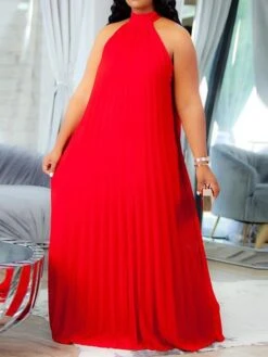 Women's Plus Size Curve Shift Dress Solid Color Halter Neck Ruched Sleeveless Spring Summer Basic Maxi Long Dress Casual Daily Dress -HAYz Clothing Shop xtxhos1654676764850