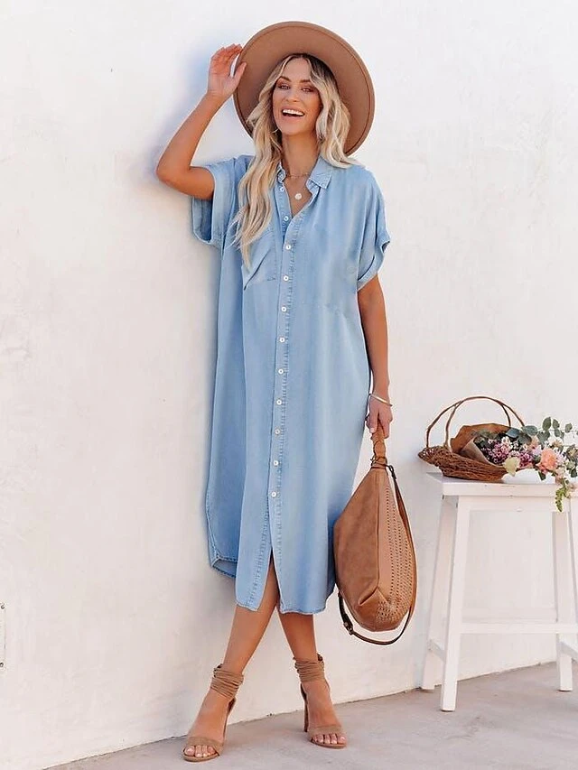 Women‘s Denim Dress Midi Dress Blue Short Sleeve Pure Color Patchwork Spring Summer Shirt Collar 2023 S M L XL 2XL 2 Women‘s Denim Dress Midi Dress Blue Short Sleeve Pure Color Patchwork Spring Summer Shirt Collar 2023 S M L XL 2XL - Image 2