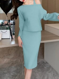Women's Two Piece Dress Set Casual Dress Skirt Set Outdoor Daily Fashion Streetwear Ruched Midi Dress V Neck Long Sleeve Plain Slim Black Pink Green Fall Winter One-Size -HAYz Clothing Shop xtyoyv1693374469472