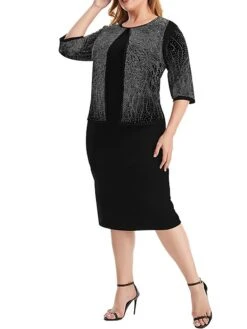Women's Plus Size Curve Party Dress Cocktail Dress Sheath Dress Solid Color Midi Dress 3/4 Length Sleeve Patchwork Fake Two Piece Crew Neck Fashion Party Black Wine Fall Winter XL XXL 3XL 4XL 5XL -HAYz Clothing Shop xubtwt1695362728404