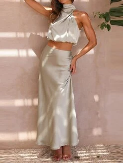 Women's Two Piece Dress Set Casual Dress Skirt Set Daily Holiday Fashion Sexy Ruched Long Dress Maxi Dress Stand Collar Sleeveless Plain Regular Fit Black White Light Green Summer Spring S M L XL -HAYz Clothing Shop xuffyk1690857202584