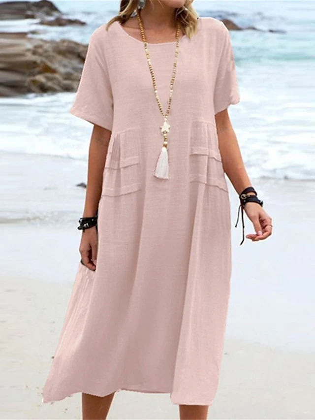 Women's Casual Dress Cotton Linen Dress A Line Dress Midi Dress Polyester Fashion Modern Outdoor Daily Vacation Crew Neck Basic Short Sleeve Summer Spring 2023 Loose Fit Black Pink Blue Plain S M L 10 Women's Casual Dress Cotton Linen Dress A Line Dress Midi Dress Polyester Fashion Modern Outdoor Daily Vacation Crew Neck Basic Short Sleeve Summer Spring 2023 Loose Fit Black Pink Blue Plain S M L - Image 10