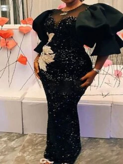 Women‘s Plus Size Curve Party Dress Leaf Crew Neck Sequins 3/4 Length Sleeve Spring Fall Stylish Elegant Prom Dress Maxi Long Dress Formal Party Dress Sequin Dress Mesh -HAYz Clothing Shop xuizkh1663060573517