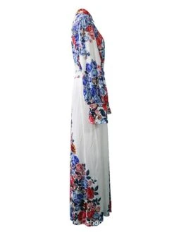 Women's Shirt Dress Casual Dress Swing Dress Maxi Long Dress Outdoor Office Business Polyester Fashion Elegant Shirt Collar Button Tie Belt Long Sleeve Summer Spring Fall 2023 Loose Fit White Floral -HAYz Clothing Shop xujlen1689227596354