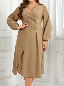 Women's Plus Size Curve Work Dress A Line Dress Plain Midi Dress Long Sleeve Ruched V Neck Fashion Office Khaki Fall Winter XL XXL 3XL 4XL -HAYz Clothing Shop xukghf1695279807275