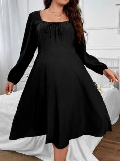 Women‘s Plus Size Curve Party Dress Cocktail Dress Wedding Guest Dress Black Dress Midi Dress Long Sleeve Pure Color Ruched Spring Fall Winter Square Neck Fashion Birthday Wedding Guest Vacation -HAYz Clothing Shop xumgqr1691648091863 1