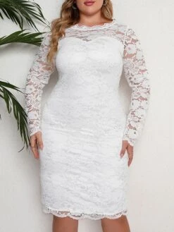 Women‘s Plus Size Curve Party Dress Lace Dress Sheath Dress Solid Color Midi Dress Long Sleeve Lace Crew Neck Modern Party White Summer Spring XL XXL 3XL 4XL 5XL -HAYz Clothing Shop xuowrp1678868084280