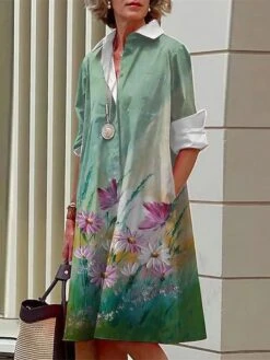 Women's Shirt Dress Casual Dress Midi Dress Outdoor Office Daily Polyester Fashion Modern Shirt Collar Button Pocket Long Sleeve Fall Winter 2023 Loose Fit ArmyGreen White Blue Floral S M L XL 2XL
