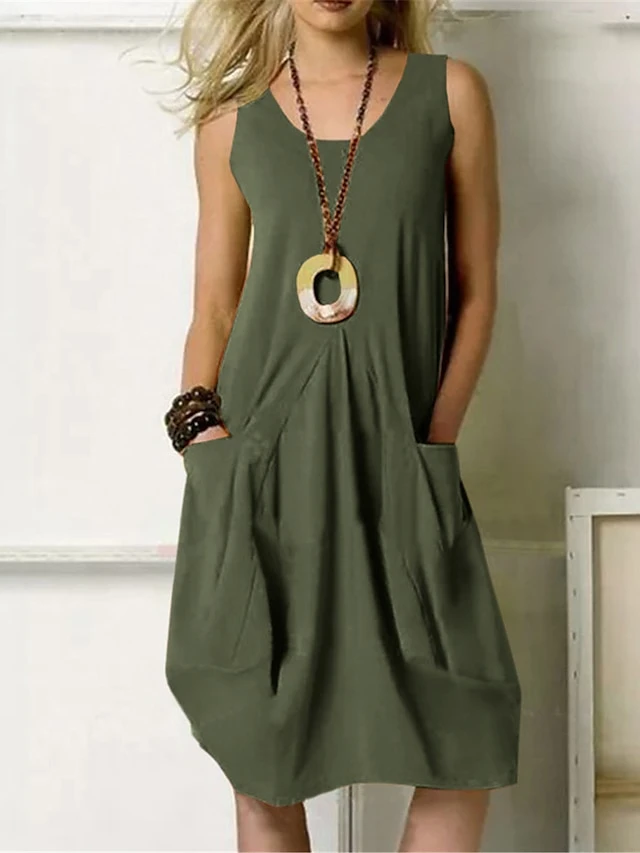 Women's Cotton Linen Dress Casual Dress Midi Dress Cotton Blend Basic Classic Outdoor Daily U Neck Pocket Sleeveless Summer Spring 2023 Regular Fit ArmyGreen Navy Blue Orange Pure Color S M L XL 2XL 2 Women's Cotton Linen Dress Casual Dress Midi Dress Cotton Blend Basic Classic Outdoor Daily U Neck Pocket Sleeveless Summer Spring 2023 Regular Fit ArmyGreen Navy Blue Orange Pure Color S M L XL 2XL - Image 2