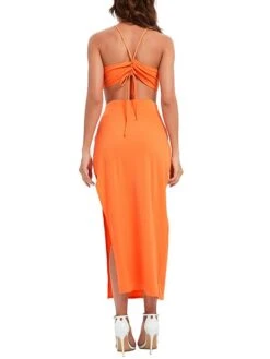 Women's Two Piece Dress Set Casual Dress Skirt Set Daily Holiday Sexy Casual Backless Drawstring Long Dress Maxi Dress Halter Neck Sleeveless Plain Slim Purple Orange Green Summer S M L -HAYz Clothing Shop xuuqmm1694426844125