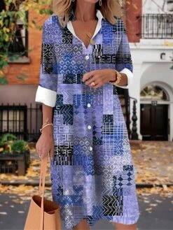 Women's Shirt Dress Casual Dress Midi Dress Outdoor Daily Date Polyester Fashion Modern Shirt Collar Button Pocket Long Sleeve Fall Winter 2023 Loose Fit Yellow Pink Blue Geometric Color Block Tribal -HAYz Clothing Shop xuvzfw1697510551071