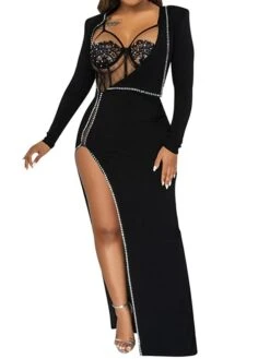 Women's Party Dress Dress Set Two Piece Dress Long Dress Maxi Dress Black White Yellow Long Sleeve Pure Color Sequins Summer Spring V Neck Party Party Winter Dress Fall Dress Slim 2023 S M L XL 2XL -HAYz Clothing Shop xuxxfn1659594439549