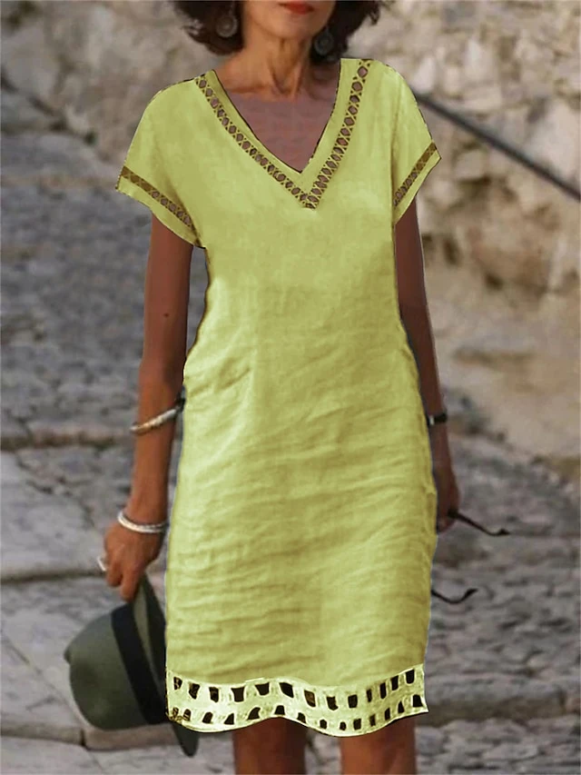 Women's Casual Dress Cotton Linen Dress Shift Dress Midi Dress Cotton Blend Fashion Basic Outdoor Daily Vacation V Neck Lace Up Hollow Out Short Sleeve Summer Spring 2023 Loose Fit Light Blue White 5 Women's Casual Dress Cotton Linen Dress Shift Dress Midi Dress Cotton Blend Fashion Basic Outdoor Daily Vacation V Neck Lace Up Hollow Out Short Sleeve Summer Spring 2023 Loose Fit Light Blue White - Image 5