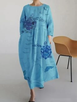 Women's Casual Dress Cotton Linen Dress A Line Dress Maxi Long Dress Linen / Cotton Blend Daily Ethnic Style Work Daily Vacation Crew Neck Patchwork Print 3/4 Length Sleeve Spring Fall Winter 2023 -HAYz Clothing Shop xvfmqn1694430065543