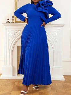 Women's Plus Size Curve Party Dress Work Dress Swing Dress Plain Long Dress Maxi Dress Long Sleeve Pleated Ruffle Crew Neck Fashion Party Blue Fall Winter XL XXL 3XL 4XL -HAYz Clothing Shop xvgdsx1694425969086