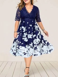 Women‘s Plus Size Curve Party Dress Floral V Neck Lace Half Sleeve Fall Spring Work Vintage Midi Dress Daily Vacation Dress Homecoming Dress Print