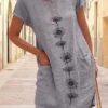 Women's Casual Dress Cotton Linen Dress Shift Dress Midi Dress Cotton Blend Classic Modern Outdoor Daily Vacation Crew Neck Pocket Print Short Sleeve Summer Spring 2023 Regular Fit Blue Green Gray