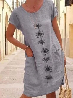 Women's Casual Dress Cotton Linen Dress Shift Dress Midi Dress Cotton Blend Classic Modern Outdoor Daily Vacation Crew Neck Pocket Print Short Sleeve Summer Spring 2023 Regular Fit Blue Green Gray