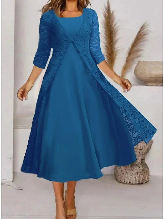 Women's Dress Set Two Piece Dress A Line Dress Midi Dress Royal Blue 3/4 Length Sleeve Pure Color Lace Winter Fall Autumn Crew Neck Stylish 2023 S M L XL XXL 3XL 1 Women's Dress Set Two Piece Dress A Line Dress Midi Dress Royal Blue 3/4 Length Sleeve Pure Color Lace Winter Fall Autumn Crew Neck Stylish 2023 S M L XL XXL 3XL