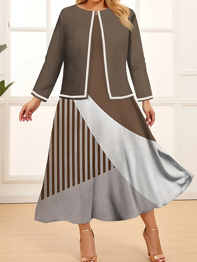 Women's Plus Size Curve Two Piece Dress Set Casual Dress Swing Dress Outdoor Office Fashion Streetwear Print Midi Dress Crew Neck Long Sleeve Geometric Color Block Wine Blue Khaki Spring Fall L 3 Women's Plus Size Curve Two Piece Dress Set Casual Dress Swing Dress Outdoor Office Fashion Streetwear Print Midi Dress Crew Neck Long Sleeve Geometric Color Block Wine Blue Khaki Spring Fall L - Image 3