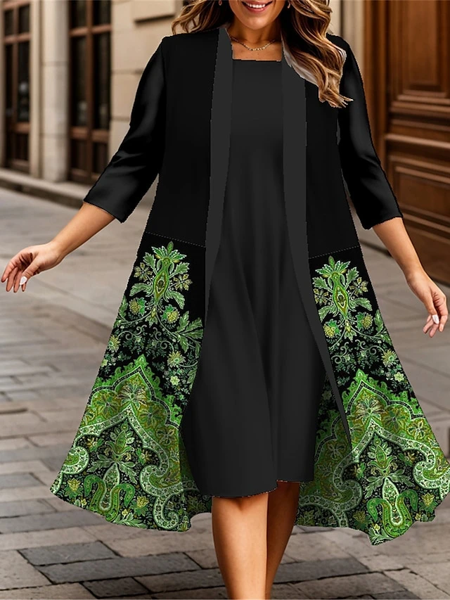 Women's Plus Size Curve Casual Dress Dress Set Two Piece Dress Floral Midi Dress 3/4 Length Sleeve Print Crew Neck Fashion Outdoor Yellow Blue Fall Winter L XL XXL 3XL 4XL 3 Women's Plus Size Curve Casual Dress Dress Set Two Piece Dress Floral Midi Dress 3/4 Length Sleeve Print Crew Neck Fashion Outdoor Yellow Blue Fall Winter L XL XXL 3XL 4XL - Image 3