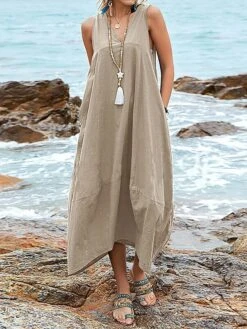 Women's Casual Dress Cotton Dress Swing Dress Maxi Long Dress Cotton Blend Basic Classic Outdoor Daily V Neck Pocket Sleeveless Summer Spring 2023 Regular Fit Black Wine Khaki Plain S M L XL 2XL -HAYz Clothing Shop xwrqym1686713208712