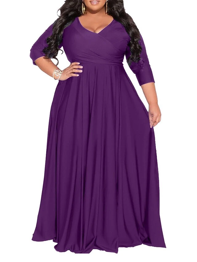 Women‘s Plus Size Curve Party Dress Pure Color V Neck 3/4 Length Sleeve Fall Spring Elegant Maxi Long Dress Party Evening Party Dress 5 Women‘s Plus Size Curve Party Dress Pure Color V Neck 3/4 Length Sleeve Fall Spring Elegant Maxi Long Dress Party Evening Party Dress - Image 5