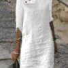 Women‘s Cotton Linen Dress Shirt Dress Casual Dress Shift Dress Midi Dress Cotton Blend Fashion Basic Outdoor Daily Vacation Stand Collar Button Half Sleeve Summer Spring 2023 Black White Blue Plain