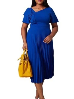 Women‘s Plus Size Curve Party Dress Solid Color V Neck Ruched Short Sleeve Fall Spring Work Prom Dress Maxi Long Dress Party Holiday Dress Ruffle -HAYz Clothing Shop xwywnp1648636999291