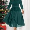 Women's Christmas Plus Size Curve Winter Dress Casual Dress Chiffon Dress Plain Midi Dress Long Sleeve Ruffle Layered V Neck Fashion Christmas Green Fall Winter L XL XXL 3XL 4XL