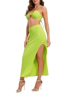 Women's Two Piece Dress Set Casual Dress Skirt Set Daily Holiday Sexy Casual Backless Drawstring Long Dress Maxi Dress Halter Neck Sleeveless Plain Slim Purple Orange Green Summer S M L -HAYz Clothing Shop xxcsgn1694426842496