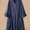 Women's Casual Dress Cotton Linen Dress Swing Dress Midi Dress Polyester Basic Classic Outdoor Daily Vacation V Neck Ruffle Button 3/4 Length Sleeve Spring Fall Autumn 2023 Loose Fit Pink Navy Blue