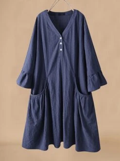 Women's Casual Dress Cotton Linen Dress Swing Dress Midi Dress Polyester Basic Classic Outdoor Daily Vacation V Neck Ruffle Button 3/4 Length Sleeve Spring Fall Autumn 2023 Loose Fit Pink Navy Blue