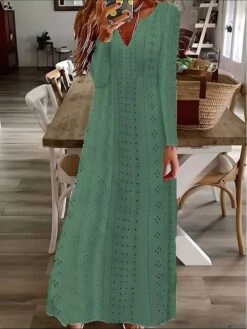Women's Casual Dress Cotton Linen Dress Swing Dress Maxi Long Dress Polyester Basic Classic Outdoor Daily Vacation Split Neck Eyelet Long Sleeve Summer Spring Fall 2023 Regular Fit Black White Pink -HAYz Clothing Shop xxmatv1690368073392