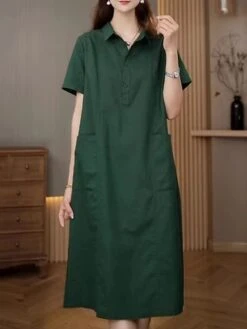Women's Casual Dress Cotton Linen Dress Midi Dress Polyester Casual Daily Casual Outdoor Home Holiday Shirt Collar Pocket Short Sleeve Summer Spring 2023 Loose Fit Navy Blue Purple Brown Plain M L XL -HAYz Clothing Shop xxmyos1689763767665
