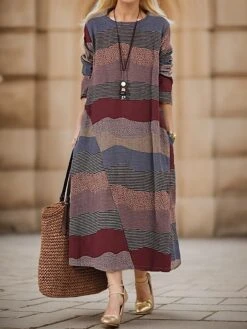 Women's Casual Dress Cotton Linen Dress Loose Dress Midi Dress Cotton Basic Classic Outdoor Daily Vacation Crew Neck Print Long Sleeve Spring Fall Winter 2023 Loose Fit Wine Brown Striped M L XL 2XL