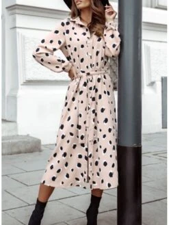 Women's Sheath Dress Midi Dress Black Yellow Light Brown Long Sleeve Polka Dot Split Winter Fall Autumn Shirt Collar Winter Dress Fall Dress Loose Fit S M L XL XXL -HAYz Clothing Shop xxwmdm1616744409274