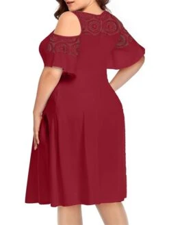Women‘s Plus Size Curve Casual Dress Solid Color Crew Neck Lace Half Sleeve Fall Spring Casual Knee Length Dress Casual Daily Dress -HAYz Clothing Shop xyibdi1656060139312