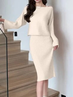 Women's Two Piece Dress Set Casual Dress Skirt Set Outdoor Daily Fashion Streetwear Ruched Midi Dress V Neck Long Sleeve Plain Slim Black Pink Green Fall Winter One-Size -HAYz Clothing Shop xyifgw1693374471790