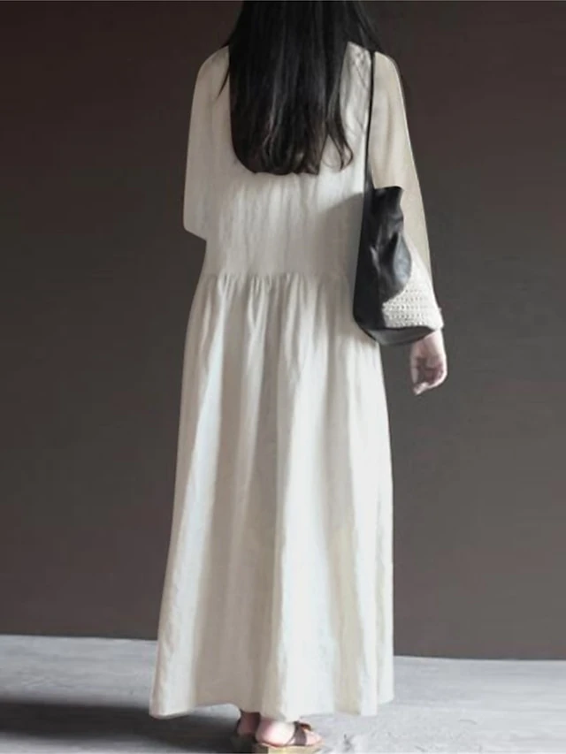 Women's Casual Dress Cotton Dress Swing Dress Maxi Long Dress Cotton Basic Classic Outdoor Daily Vacation V Neck Ruched Long Sleeve Spring Fall Winter 2023 Loose Fit ArmyGreen Black White Plain S M L 4 Women's Casual Dress Cotton Dress Swing Dress Maxi Long Dress Cotton Basic Classic Outdoor Daily Vacation V Neck Ruched Long Sleeve Spring Fall Winter 2023 Loose Fit ArmyGreen Black White Plain S M L - Image 4