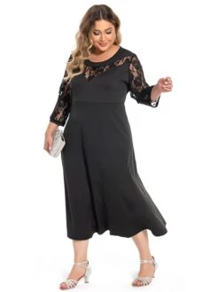 Women‘s Plus Size Curve Party Dress Color Block Crew Neck Lace 3/4 Length Sleeve Spring Fall Elegant Prom Dress Maxi Long Dress Formal Party Dress -HAYz Clothing Shop xynuwt1694770675575