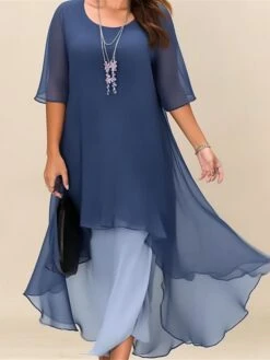 Women‘s Plus Size Curve Casual Dress Work Dress Chiffon Dress Plain Long Dress Maxi Dress Half Sleeve Layered Plus High Low Crew Neck Elegant Outdoor Blue Summer Spring L XL XXL 3XL 4XL -HAYz Clothing Shop xypwrs1684900925327
