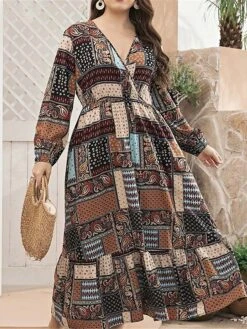 Women's Plus Size Curve Work Dress Swing Dress Semi Formal Dress Fashion Long Dress Maxi Dress Print V Neck Long Sleeve Geometric Paisley Regular Fit Khaki Fall Winter L XL XXL 3XL 4XL 9 Women's Plus Size Curve Work Dress Swing Dress Semi Formal Dress Fashion Long Dress Maxi Dress Print V Neck Long Sleeve Geometric Paisley Regular Fit Khaki Fall Winter L XL XXL 3XL 4XL -HAYz Clothing Shop xyrkba1693280730019