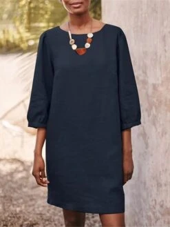 Women's Casual Dress Cotton Linen Dress Shift Dress Mini Dress Linen / Cotton Blend Basic Classic Outdoor Daily Vacation Crew Neck Basic 3/4 Length Sleeve Summer Spring Fall 2023 Loose Fit Navy Blue