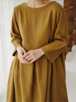 Women's Cotton Linen Dress Casual Dress Swing Dress Maxi Long Dress Cotton Blend Basic Classic Outdoor Daily Crew Neck Pocket Smocked Long Sleeve Summer Spring Fall 2023 Loose Fit Black Yellow Green -HAYz Clothing Shop xzeqmn1673850082958